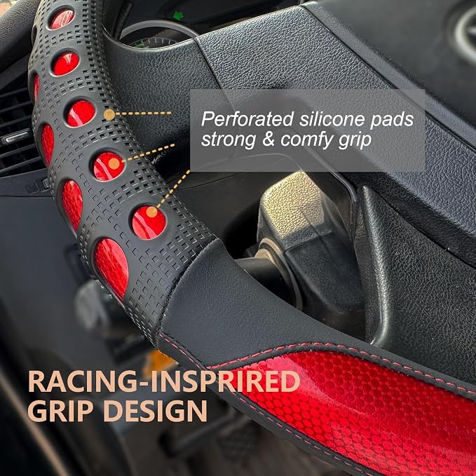 PINCTROT XL Size 17.5-18 in Race Grip Steering Wheel Cover for Semi Truck, Fits RV, Big Rig Trucker, 18 Wheeler and Classic Cars, Anti-Slip Silicone Perforated Design 17.5-18 Inch (Racing Red)