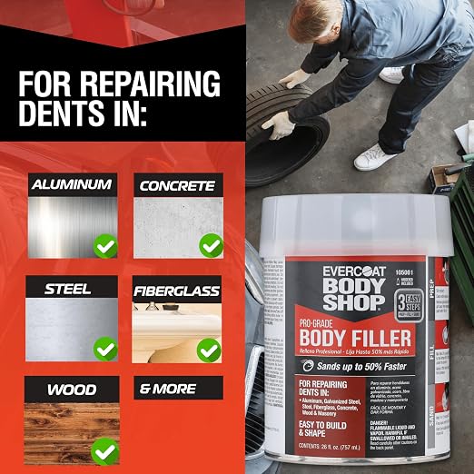 Evercoat Body Shop 105002 Pro-Grade Body Filler, Fast Drying and Lightweight Multipurpose for Dents in Aluminum, Fiberglass & More, Easy Mix Hardener Included 13 Fl Oz.