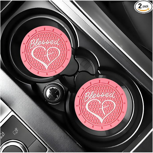 KVAEY 2 PCS Car Cup Holder Coasters, 2.76 Inch Anti Slip Vehicle Drink Mats with Cute Blessed Cross and Heart, Shockproof, Universal Car Accessories (Pink, 2 PCS)