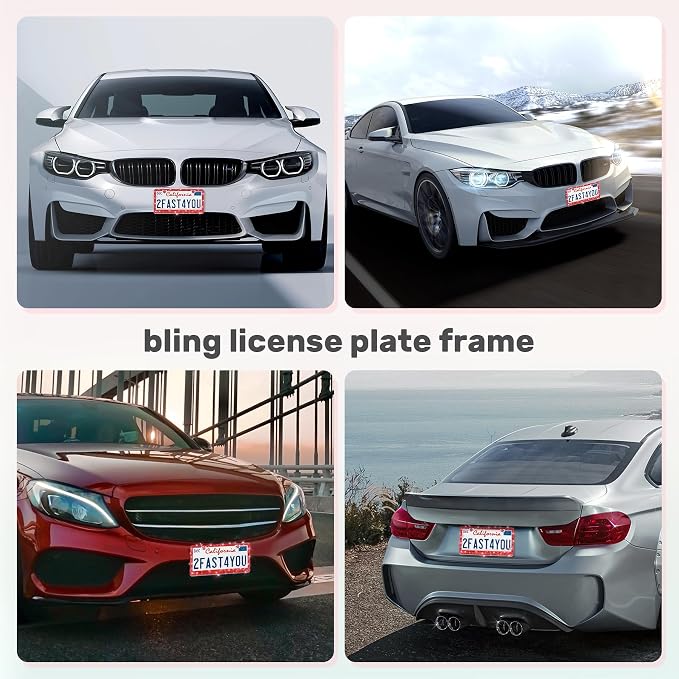 QUANQIUFEI 2 Pack Bling License Plate Frames, Sparkly Rhinestone Diamond Car License Plate Cover for Women, Stainless Steel Car Accessories with Glitter Crystal Caps (Light Siam)