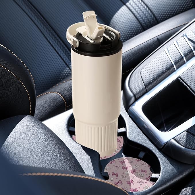2 Pack Car Coasters for Cup Holders, Absorbent Ceramic Cup Coaster with Cork Base and Finger Notch, Cute Car Accessories Interior for Women Men