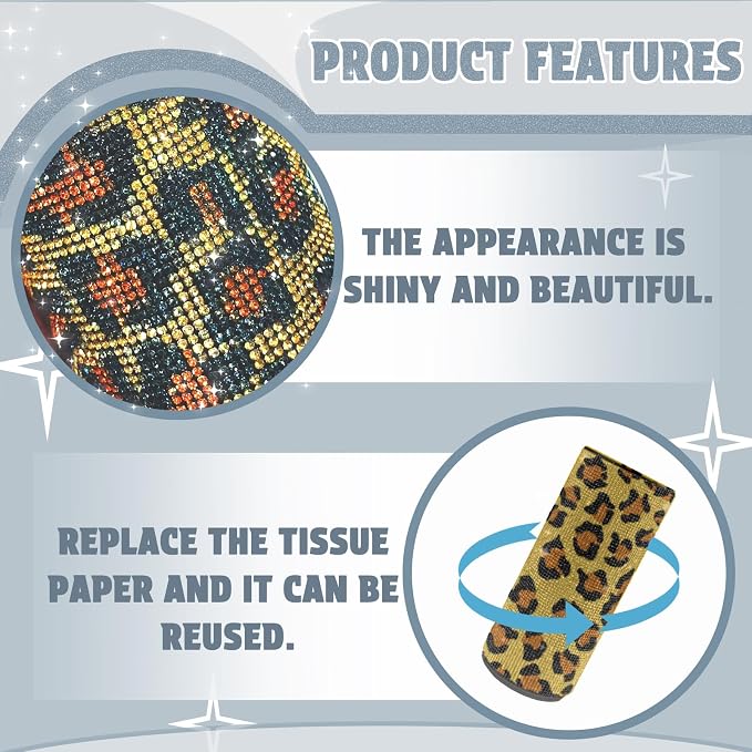 Bling Car Tissue Holder for Cup Holder – Sparkly Rhinestone Round Tissue Dispenser with 1 Pack Tissues – Fits Standard Auto Cup Holders – Stylish Car Interior Accessory for Women(Leopard Print)