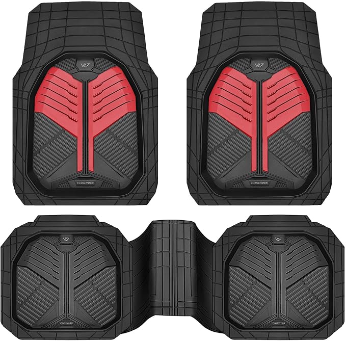 CAR PASS Heavy Duty Rubber Car Mats, Deep-Dish Car Floor Mats All Weather, Universal Two-Tone Trim-to-Fit for SUVs Trucks Sedans, Waterproof Anti-Slip, 3 Pieces V12 Black and Metallic Red