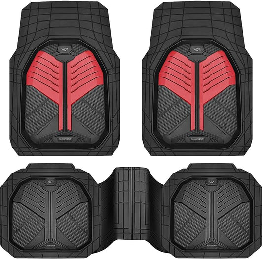 CAR PASS Heavy Duty Rubber Car Mats, Deep-Dish Car Floor Mats All Weather, Universal Two-Tone Trim-to-Fit for SUVs Trucks Sedans, Waterproof Anti-Slip, 3 Pieces V12 Black and Metallic Red