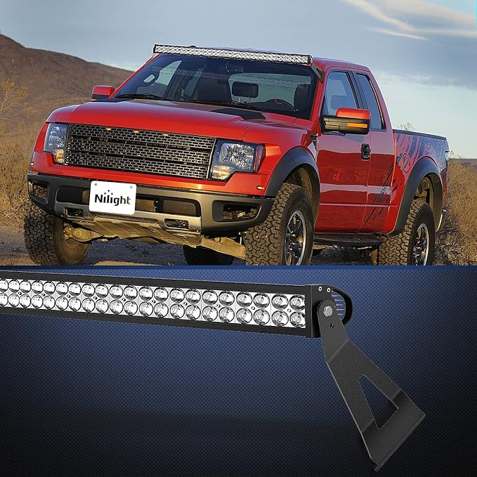 Nilight 2PCS 52 inch Curved LED Light Bar Bracket at Upper Windshield Roof Cab for 2004-2018 Ford F150 & SVT Raptor