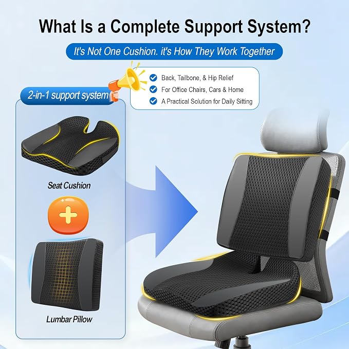 Lofty Aim Car Seat Cushion with Back Support, Lumbar Support Pillow Set | Memory Foam Car Seat Cushions for Driving, Office Chair Cushions for Back and Butt, Support for Trucks, Office Chairs, Black
