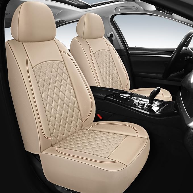 HChengkikz Front Car Seat Cover, Waterproof Nappa Leather (Beige) | Breathable, Airbag compatible, Easy to Install, Universal Fit for Most Cars, Sedans, SUVs, Vans, Trucks