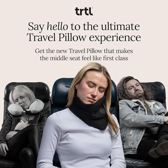 Trtl Travel Pillow Original 2.0 – Scientifically Proven Super Soft Travel Pillow with Premium Head & Neck Support – for Airplane Travel – Machine Washable – Lightweight & Compact – Jet Black