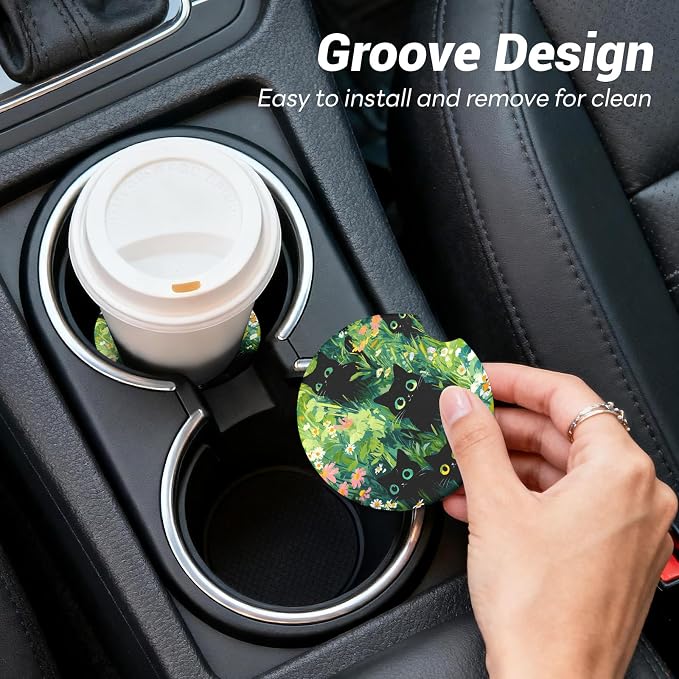 Car Cup Holder Ceramic Coasters 2 Pack, 2.56 in Anti Slip Absorbent Coaster with Cork Base and Finger Notch, Funny Cute Car Accessories Interior for Women, Some Cats
