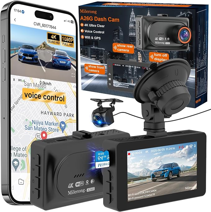 4K Dash Cam Front and Rear Camera with Voice Control | Car Cameras Dashcam for Cars with WiFi, GPS, 64G Card, 24H Parking Monitor, G-Sensor,IR Night Vision,Loop Recording