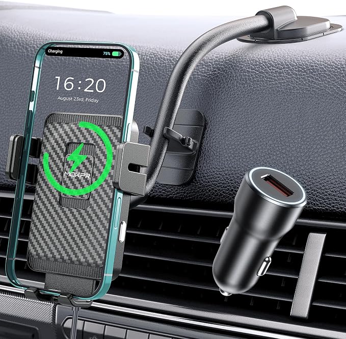 MOKPR Wireless Car Charger, Adjustable Gooseneck Car Mount Auto-Clamping Car Charger, Dashboard [with Anti Shake stabilizer] Phone Holder fit for iPhone 17 16 15 14 13 12, Samsung,with QC 3.0