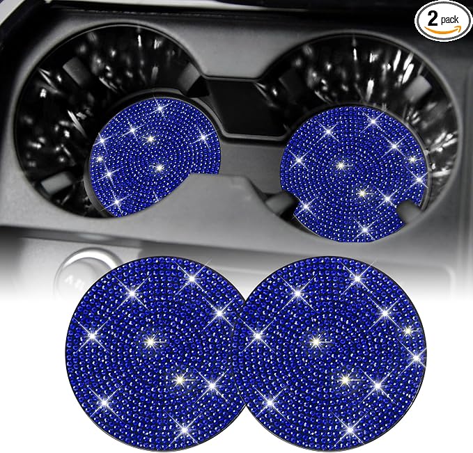 SINGARO Bling Cup Holder Coasters for Car, 2PCS Universal Non-Slip Cup Holder, Embedded Decorative Coasters, Shiny Crystal Car Interior Accessories Gifts for Women (Blue)