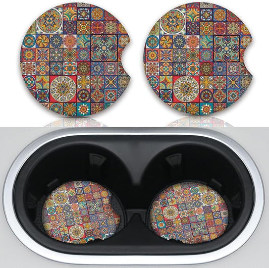 Boho Absorbent Neoprene Car Coasters, 2.75inch Mandala Style, 2 Pack Universal with Finger Slot