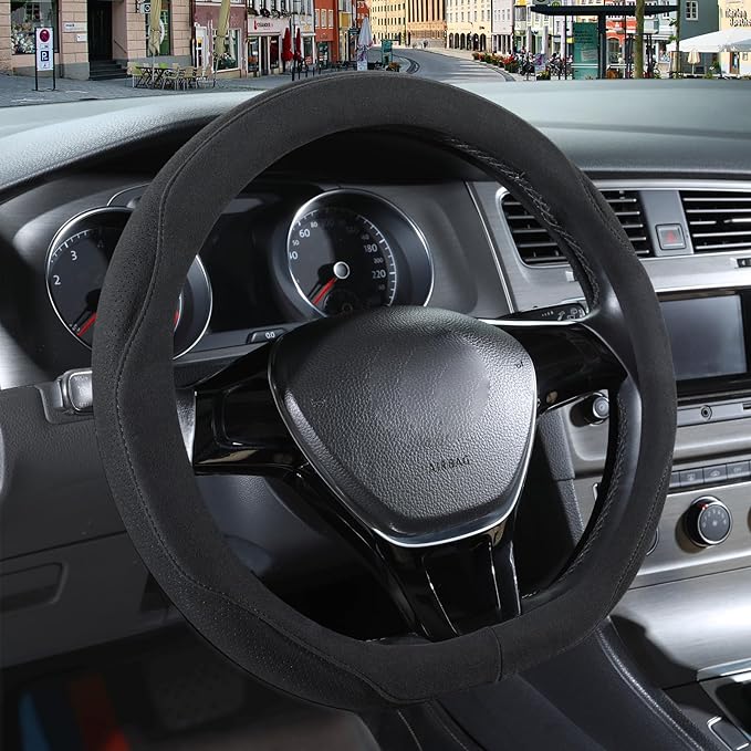 Black Suede D Shaped Steering Wheel Cover 13.5 inch to 14 inch | Warm in Winter and Cool in Summer, Small Felt Car Accessories, Breathable Non-Slip Sweat-Proof Wear-Resistant