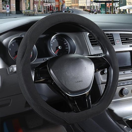 Black Suede D Shaped Steering Wheel Cover 13.5 inch to 14 inch | Warm in Winter and Cool in Summer, Small Felt Car Accessories, Breathable Non-Slip Sweat-Proof Wear-Resistant