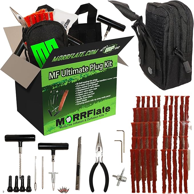 MORRFlate Ultimate 4x4 Tire Plug Kit Heavy Duty Professional Off-Road Tire Repair Kit Includes 50 Vulcanizing Plugs, All-Metal Tools, 4 Replacement Valve Stems, Rip-Away Molle Bag and Accessories