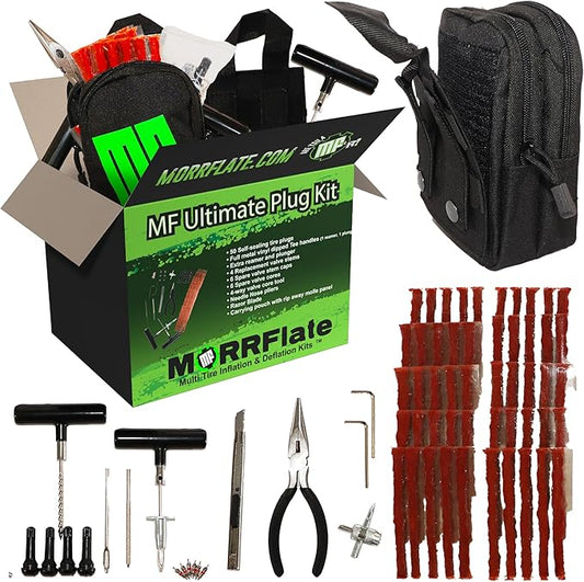 MORRFlate Ultimate 4x4 Tire Plug Kit Heavy Duty Professional Off-Road Tire Repair Kit Includes 50 Vulcanizing Plugs, All-Metal Tools, 4 Replacement Valve Stems, Rip-Away Molle Bag and Accessories
