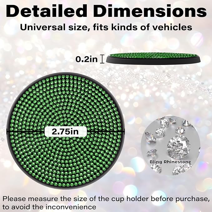 BFXM 2 PCS Bling Cup Holder Coaster, 2.75 inch Diamond Universal Non-Slip Silicone Cup Holder Coasters, Sparkly Bling Car Accessories for Women (Green)