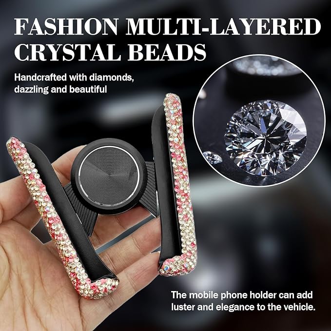 Bling Rhinestone Car Phone Holder, Mini Universal 360° Adjustable Auto Mount For Dash & Air Vent, Crystal Car Accessories For Women & Girls (Pink)
