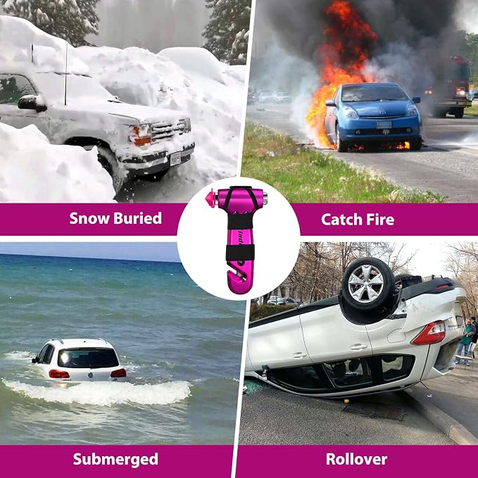 Car Window Breaker Tool, 3-in-1 Emergency Escape Tool | with Window Breaker and Seat Belt Cutter, Safety Emergency Car Escape Tool for Car, Matte Black and Electroplating Pink