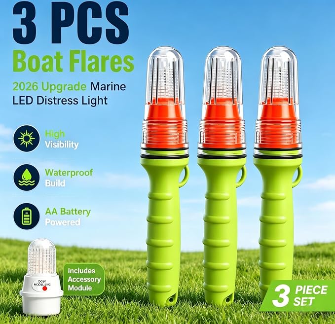 Premium Boat Flares Coast Guard Approved-Waterproof Marine Flares Emergency Visibility Kit for Fishing Boat, LED Roadside Flares&Throwable Flotation Device Compatible (White)