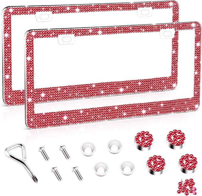 Amiss Bling License Plate Frame for Women, 2Pack Rhinestone Handcrafted Crystal Premium Stainless Steel, Stainless Steel Car Accessories with Diamond Sparkle Glitter Caps (Red)