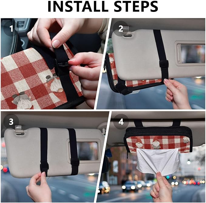 Car Visor Tissue Holder Mask Holder for Car, Car Tissue Box Sun Visor Napkin Holder Car Visor Accessories Adjustable Straps Reusable Durable Easy to Install Red Checkered Cute Gnome