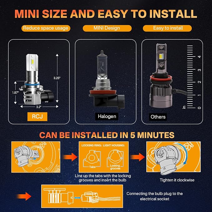 RCJ 9005/HB3 9006/HB4 LED Fog Light Bulbs Combo, 32000LM Super Bright, 6000K Cool White with Cooling Fan, 1:1 Mini Size Design, Plug-N-Play, Pack of 4