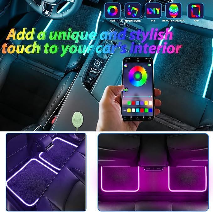 Soft Car Floor Mats With Led Strip Light, Universal Fit Black Automotive Carpet, App Control Interior Car Lights Floor Mats, Anti-Slip Waterproof RGB Car Decor Accessories For SUV, Trucks, Sedan,Jeeps