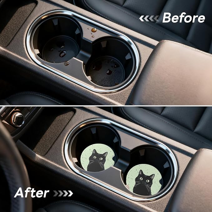 Car Cup Holder Ceramic Coasters 2 Pack, 2.56 in Anti Slip Absorbent Coaster with Cork Base and Finger Notch, Funny Cute Car Accessories Interior for Women, Terrazzo Cat