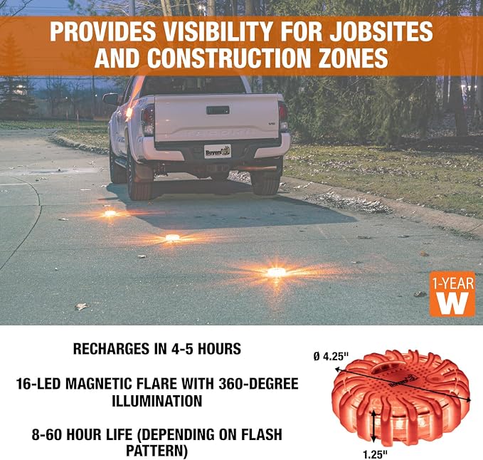 Buyers Products 8891018 Rechargeable Magnetic Road Flare Kit With Carrying Case, 6 Pack, Includes Steady on Mode and 10 LED Flash Patterns, Rechargeable Road Flare Strobe