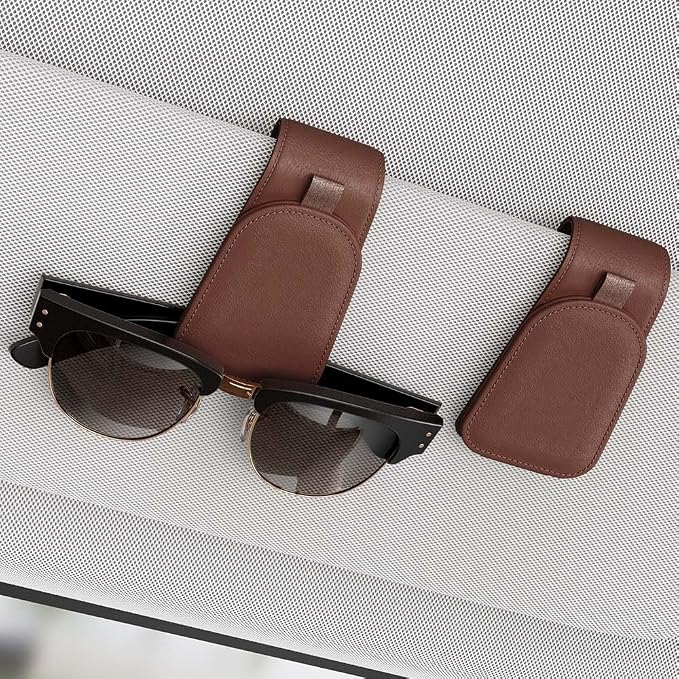 Sotfamily Sunglass Holder for Car Visor, Brown, 2 Packs | Suede Cloth, Magnetic, Organizer for Car Accessories