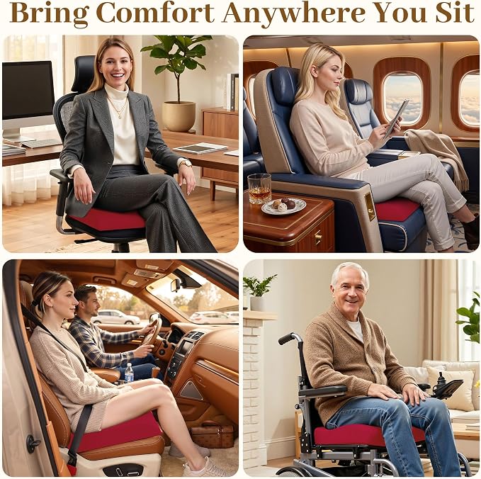 TranquilRelax Large Seat Cushion, Memory Foam Cushion for Long Sitting Hours on Office Chair, Home & Car, Non-Slip Chair Pad for Relieving Back & Sciatica & Hip & Coccyx Pain (Red)