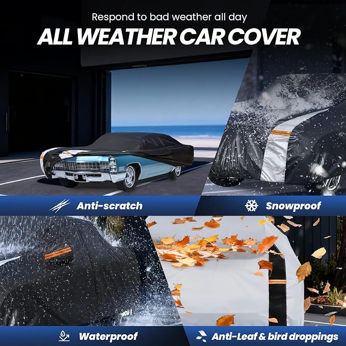 Multi-Layer Sedan Car Cover Custom Fit for Cadillac DeVille(1960-1980), 100% Waterproof All Weather for Automobiles, Gift with Towel, Heavy Duty Car Covers for Rain Sun UV Protection with Door Zipper.