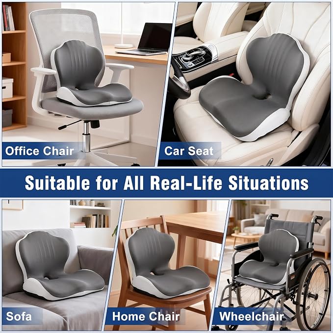 Car Seat Cushion with Lumbar Support Pillow, Memory Foam Office Chair Cushion for Back Pain Sciatica Pain Relief, Ergonomic L-Shaped Seat Cushion for Car Truck Driving Office Chair Home (Back Gray)