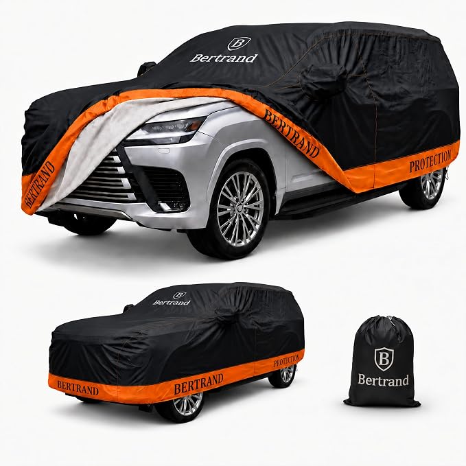 BERTRAND Heavy Duty SUV Car Cover Waterproof All Weather - Snow, Rain & UV Outdoor Protection | Cotton-Lined, Up to 8-Point Anchoring + Zipper Access | Extra Large SUVs, Black-Orange (207x77, S3)