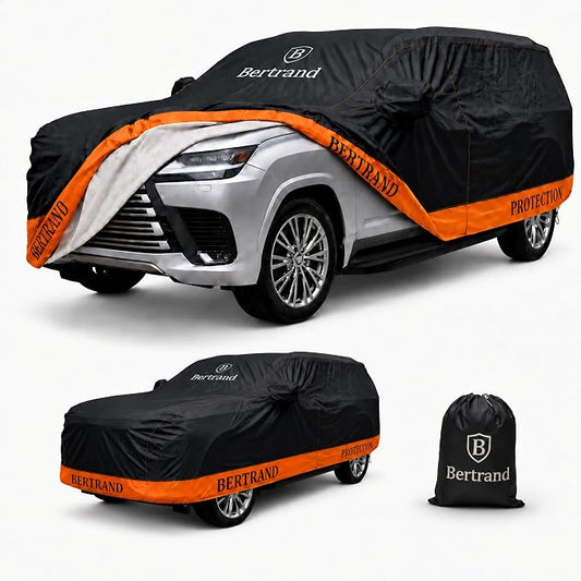 BERTRAND Heavy Duty SUV Car Cover Waterproof All Weather - Snow, Rain & UV Outdoor Protection | Cotton-Lined, Up to 8-Point Anchoring + Zipper Access | Extra Large SUVs, Black-Orange (207x77, S3)