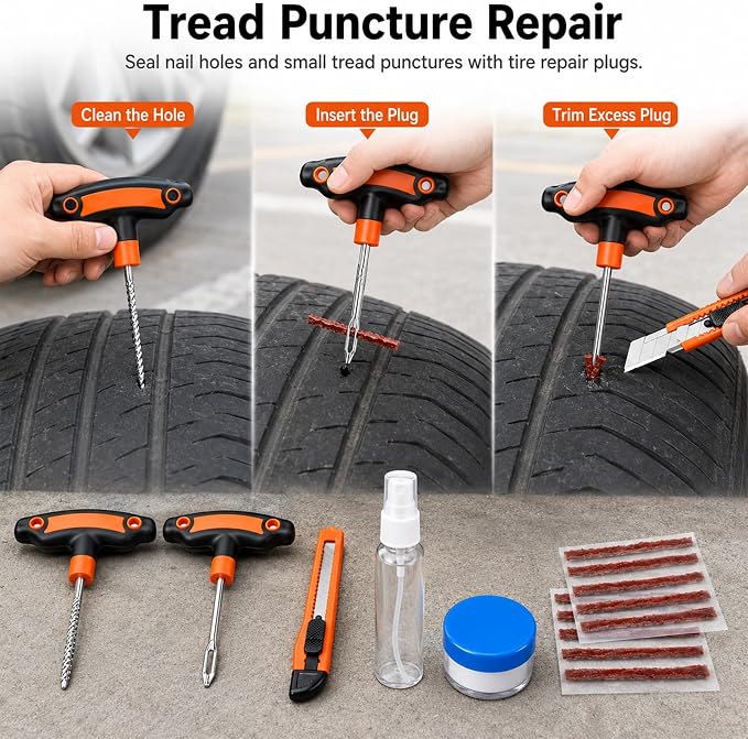 Flat Tire Repair Kit with Plugs 18 Pcs,Heavy Duty Sidewall Tire Repair Patch Tool Kit for Car,Motorcycle,ATV,UTV,SXS,Truck,Tractor,Parches para Llantas De Carro