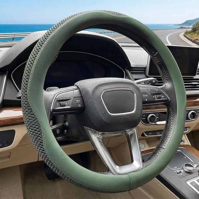 Car Steering Wheel Cover, Universal 15 inch, Green | Microfiber Leather, Breathable Technology Fabric, Non-Slip, Comfortable, Warm in Winter and Cool in Summer