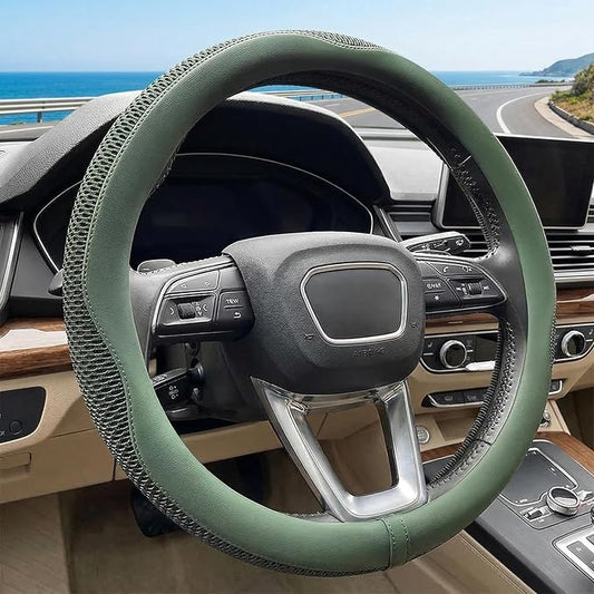 Car Steering Wheel Cover, Universal 15 inch, Green | Microfiber Leather, Breathable Technology Fabric, Non-Slip, Comfortable, Warm in Winter and Cool in Summer
