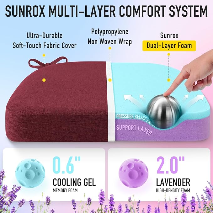 SUNROX Cooling Gel Memory Foam Chair Cushions, 2.6" Thick U-Shaped Dual-Layer Comfort Dining Chair Pads, Non Slip Seat Cushion with Ties for Indoor Kitchen Office 17"x16" Set of 4, Burgundy