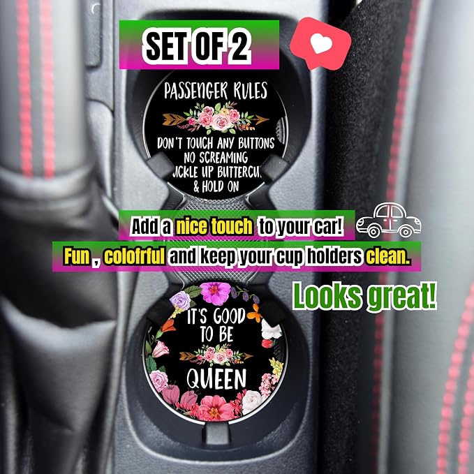 Funny Car Coasters for Cup Holders - 2 Pack Cute Flower Car Accessories for Women, Funny Sayings Floral Stuff Decor, Absorbent Ceramic Cup Holder Coaster for Car to Keep Clean, Gag White Elephant Gift