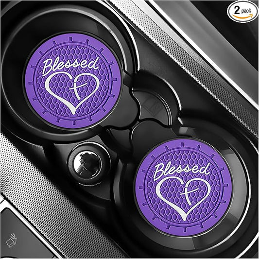 2 PCS Car Cup Holder Coaster, 2.76 Inch Non-Slip Auto Drink Mats with Blessed Cross and Heart, Shockproof Christian Cup Insert Coaster for Most Vehicles, Car Accessories (Dark Purple)
