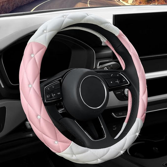 YOGURTCK Cute Diamond Soft Leather Steering Wheel Cover with Bling Bling Crystal Rhinestones, Universal 15 Inch for Women Girls, Fit Vehicles, Sedans, SUVs, Vans, Trucks - Light Pink and White