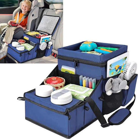 COOLBEBE Car Seat Organizer, Backseat Car Organizer with Cup Holders for Kids and Adults Travel, Cooler Compartment Passenger Seat Organizer Storage Box for Front or Middle Seat, Navy Blue