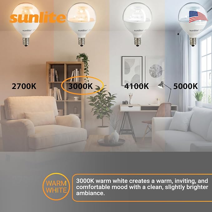 Sunlite G16.5 Light Bulb LED, 5 Watts (40W Equiv.), 350 Lumens, Dimmable, Type G Globe Shape E12 Candelabra Base, Short Bulbs, Vanity Mirror Bulbs, 3000K Warm White, Clear, 6 Count