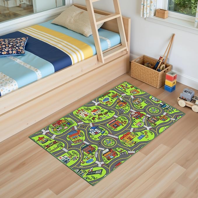 Upgrade Ultra Non Slip Kids Car Rug, Kids Road Playmat Rug for Toy Cars, Educational Town City Map Washable Carpet for Boy Playroom Bedroom, Safer Car Track Play Mat for Children Baby Toddler, 40"x24"