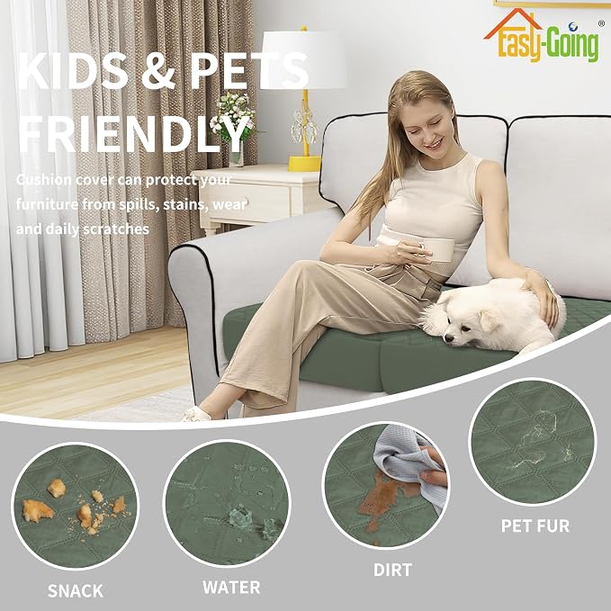 Easy-Going Waterproof Oversized Chair Cushion Covers, Non-Slip Leakproof Sofa Seat Cushion Slipcovers, Quilted and Stretch Furniture Protector (1-Piece Oversized Chair Cushion, Grayish Green)