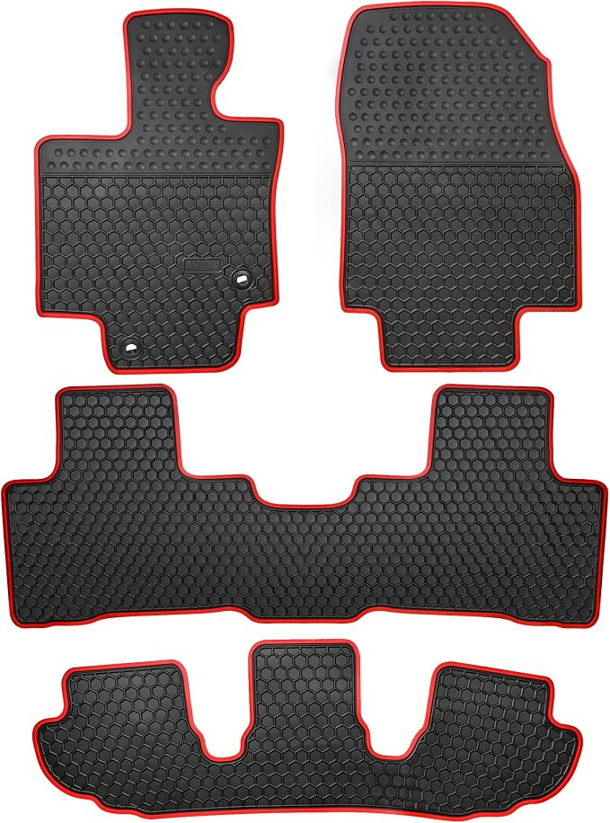 Car Floor Mats Custom Fit for 2020-2025 Toyota Highlander 7 Seats w/2nd Row Bench or Bucket Seats w/Center Console (No Hybrid) Black Red Rubber Auto Liner Mats All Weather Protection