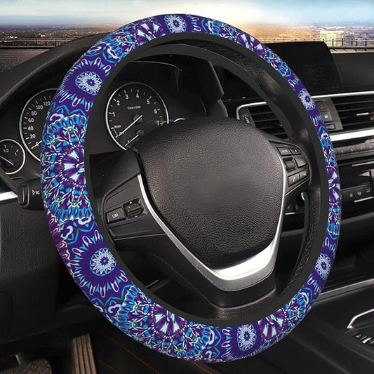 Boho Purple Flower Neoprene Steering Wheel Cover for Men Women Anti-Slip Elastic Steering Wheel Protective Cover 15in Universal Car Accessories Fit Cars, SUVs, Auto